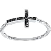 .04 cttw Black Diamond Sideways Cross 925 Sterling Silver Ring