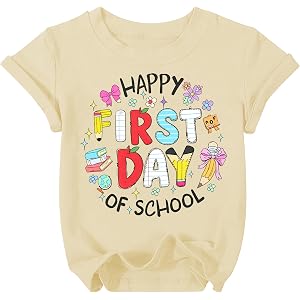 Eatbook First Day of School Shirt for Girls Short Sleeve Back to School Tee | Crewneck Tops, Cute Cartoon Graphic, Girls Kind