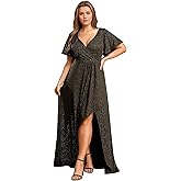 Ever-Pretty Plus Cocktail Dress V Neck A Line Ball Gown Ruffle Sleeve High Low Glitter Plus Size Prom Party Dresses for Women