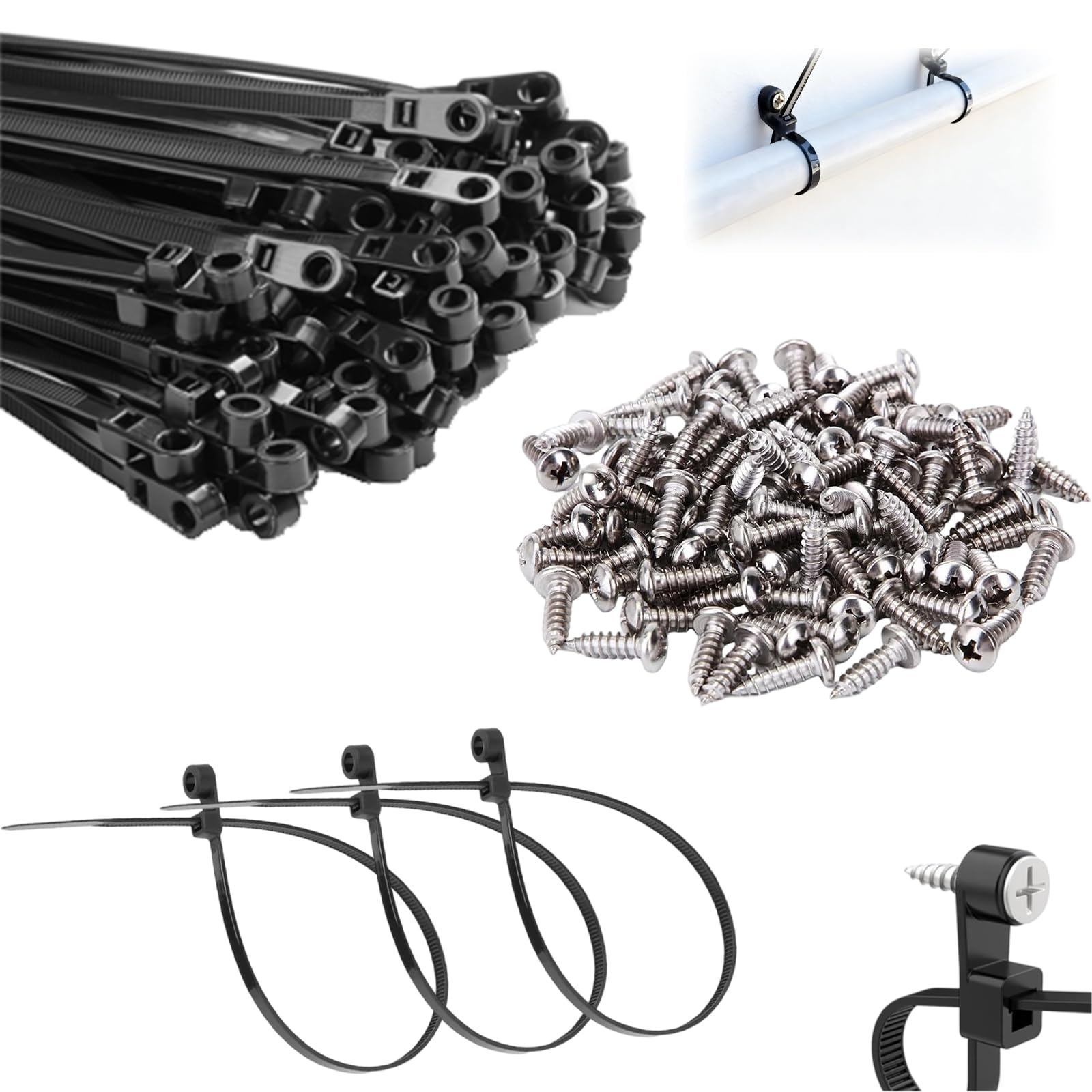 Photo 1 of 100 PCS Nylon Universal Cable Tie Buckle, Zip Ties With Screw Hole, with 50 PCS Screw Hole 75 lbs Mountable head Cable management Ties for Indoor & Outdoor Use