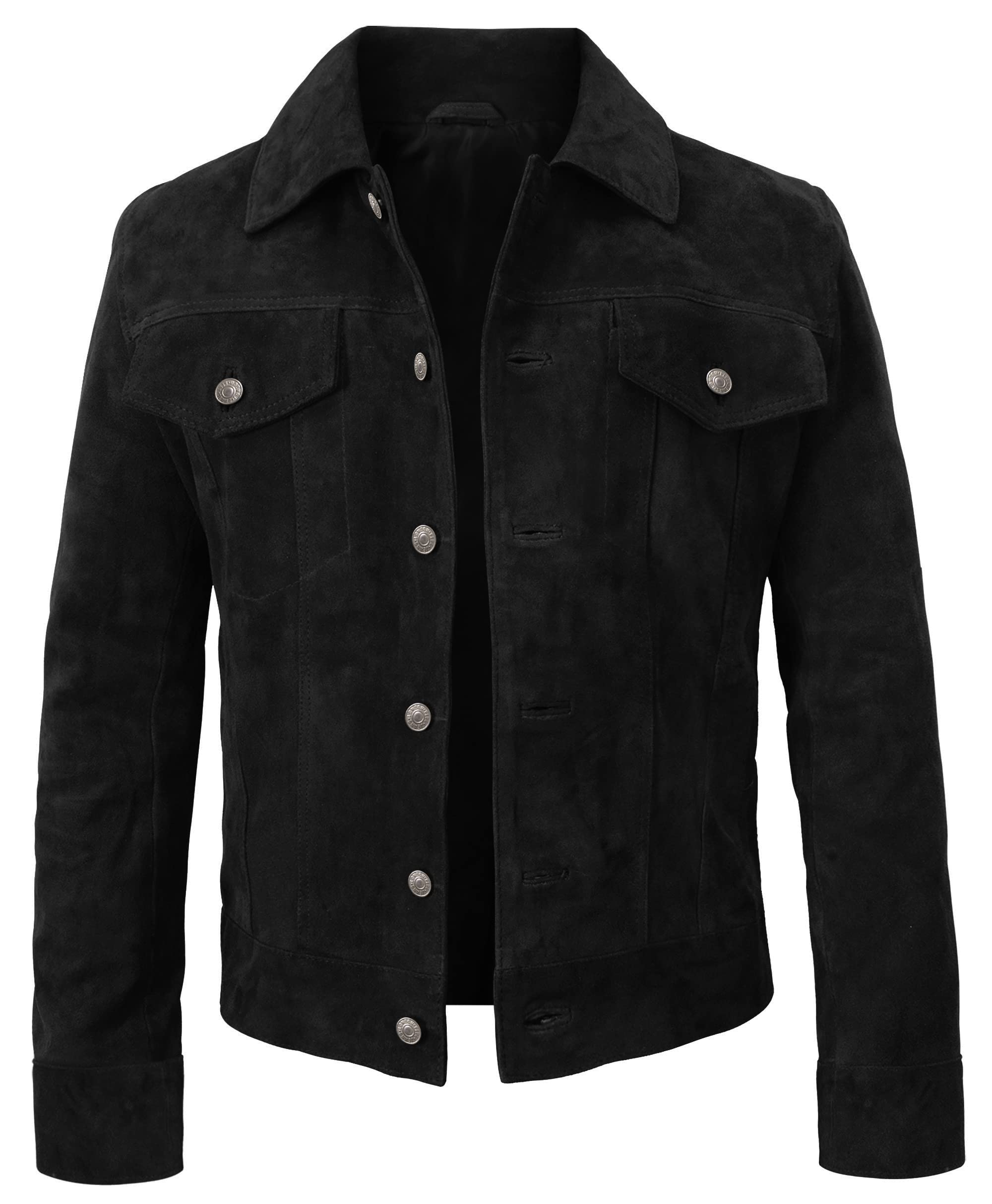 Photo 1 of LP-FACON Men’s Black Trucker Suede Leather Jacket - Cowboy Western Style Jackets For Men SIZE LARGE