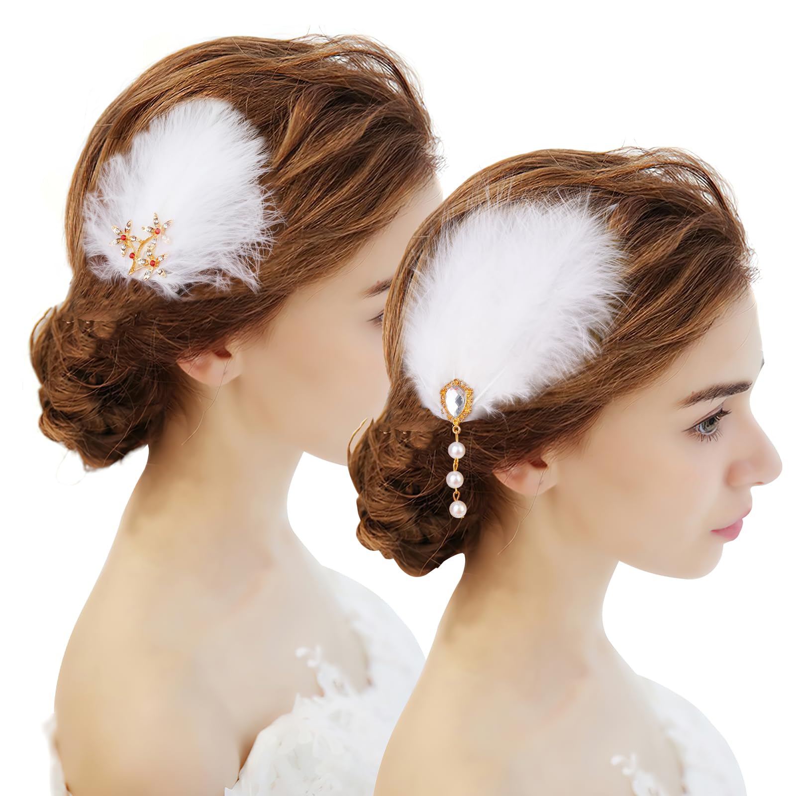 MWOOT 3Pcs Hair Fascinators With Feather and Rhinestones, Handmade Headpiece Clips, Barrettes for Women and Girls, White Hairpins for Cocktail Tea Party Accessory