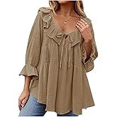 utcoco Womens 2025 Fashion Tie Crewneck Blouses Ruffle 3/4 Sleeve Flowy A line Cute Shirts Tops