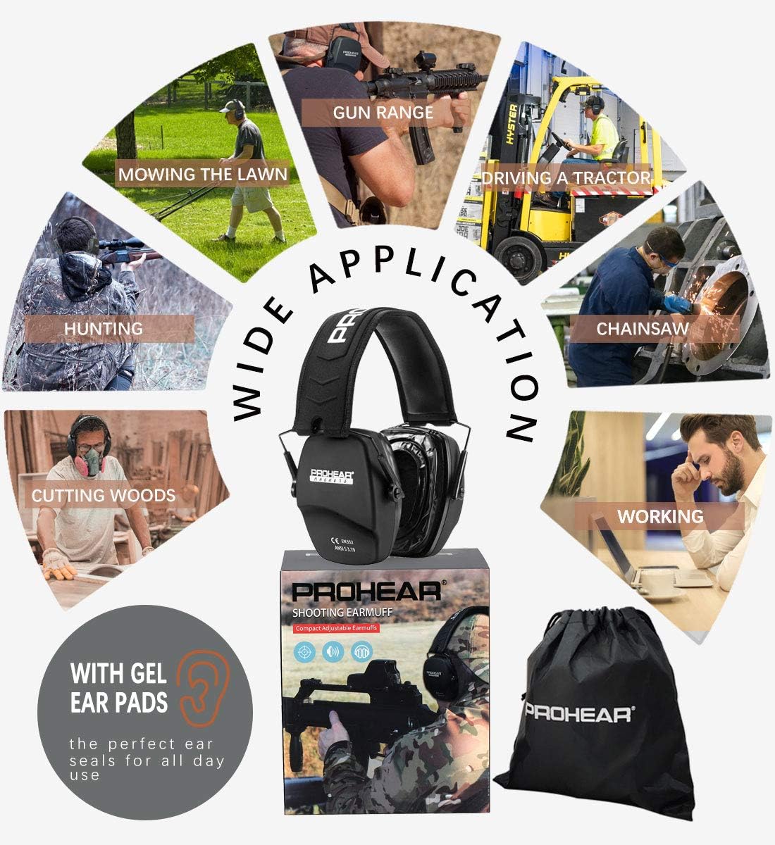PROHEAR 016-GEP02 Shooting Ear Protection Safety Muffs with Gel Ear Seals, NRR 26dB Noise Reduction Slim Low Profile Passive Earmuffs, Folding Hearing Protector for Airsoft, Hunting (Black): Home Improvement