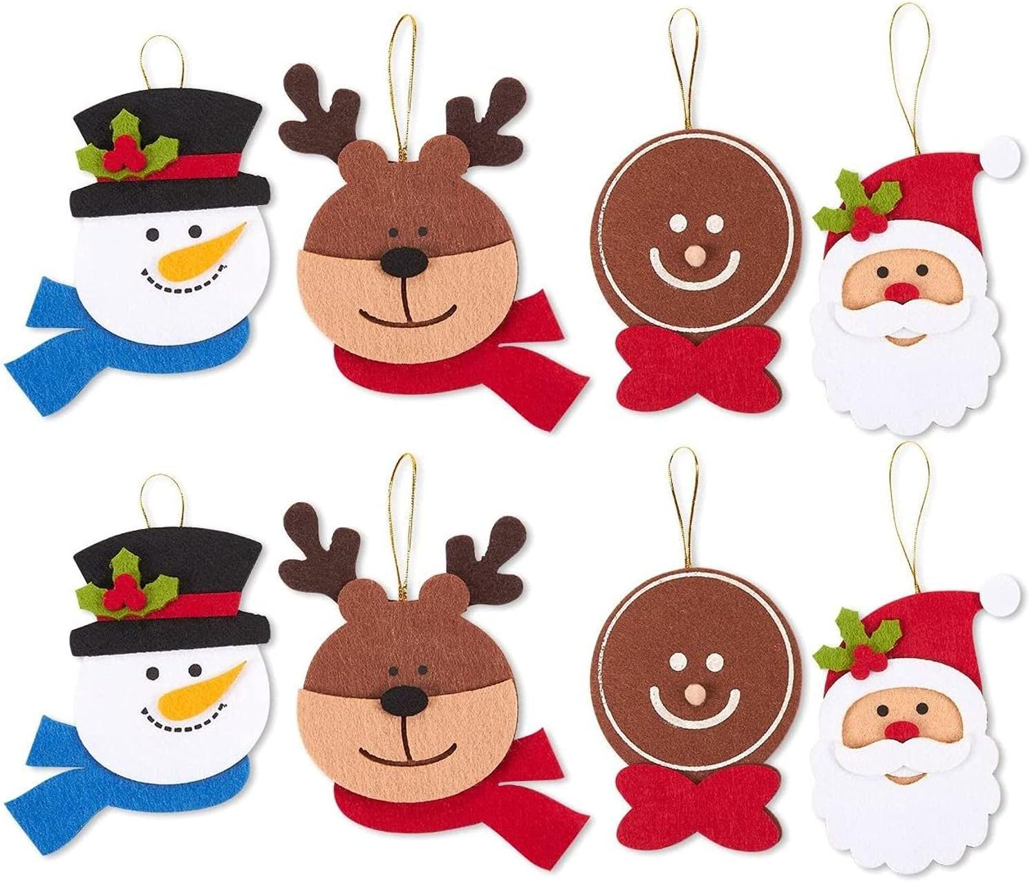 Felt Christmas Ornament Faces, Reindeer, Santa Claus, Gingerbread Man, Snowman (8 Pack)