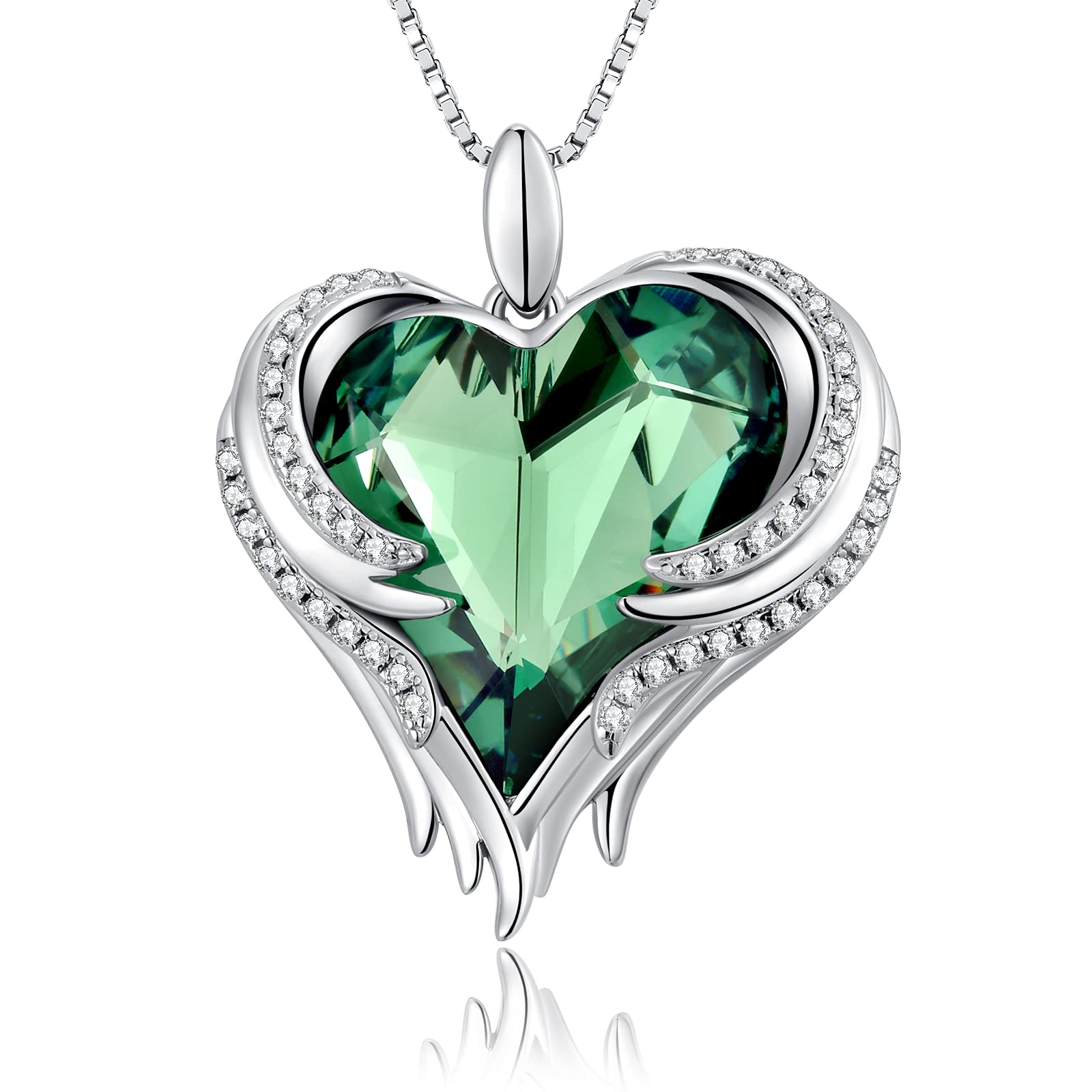 Love Heart Necklaces, Love Heart Angel Wings Pendant Necklace for Women Silver Crystal Necklace Women Silver Tone Crystal Birthstone Necklace CZ Diamond Necklace Green Crystal Pendant Necklace Mother