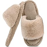ZOORON Women's Fuzzy Slippers with Memory Foam Comfy Faux Fur Anti-Skid Sole Slippers for Women Bedroom House Open Toe (a-brown-9-10)