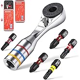 GEINXURN Mini Ratchet Wrench Set, 6PCS 72 Teeth 1/4" Ratchet Wrench for Tight Spaces with Screwdriver Bit (PH2, SQ2, T20, T25) Stored in a Push-Pull Tin Case, Ideal for Repair and DIY Projects