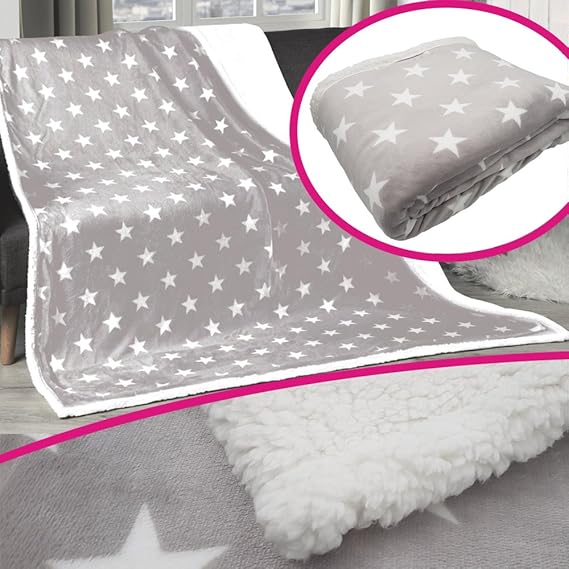 PROHEIM Premium Winter-Wohndecke 150 x 200 cm in Grau aufwendig verarbeitete Kuscheldecke mit Sterne Muster edle und hochwert