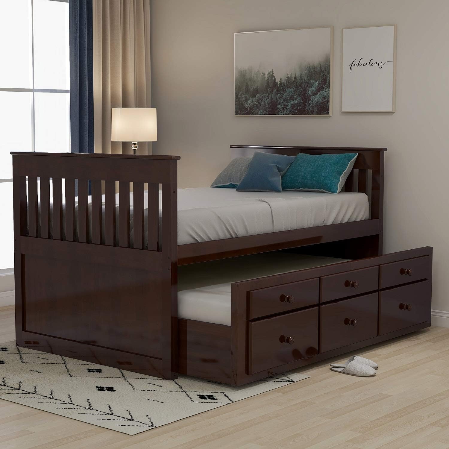 Rhomtree Storage Twin Daybed with Trundle and 3 Storage Drawers Wood Platform Bed Frame with Headboard Footboard Bedroom Furniture Kids Bed (Espresso)