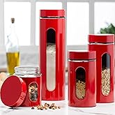 Quality Modern Red Stainless Steel Canister Set for Kitchen Counter with Glass Window & Airtight Lid - Food Storage Containers with Lids Airtight - Pantry Storage and Organization Set