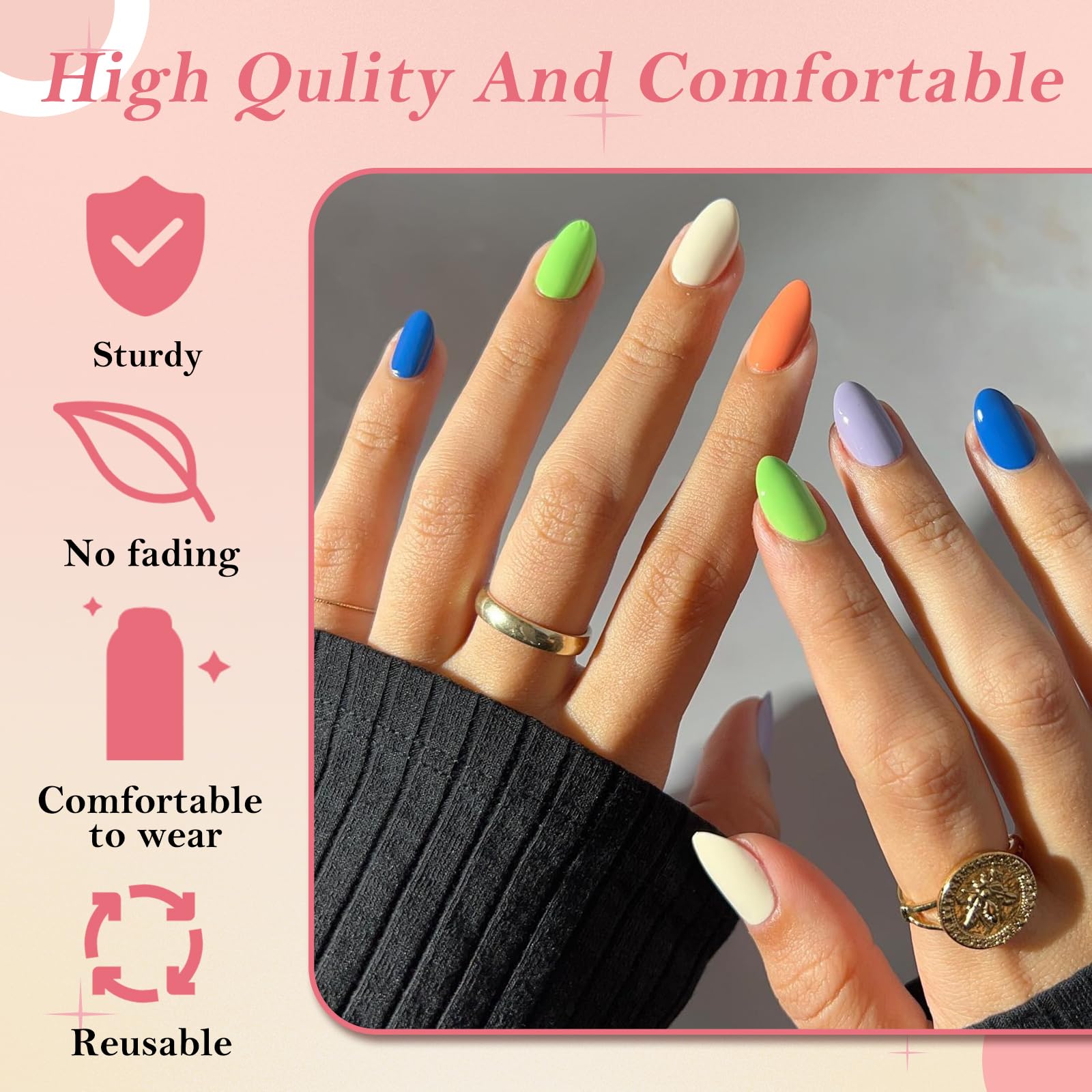 Bellelfin 240Pcs Short Press on Nails Almond Black Fake Nails, Solid Color Acrylic Nails Press ons Full Cover Artificial False Nail Tip with 5 Sheets Adhesive Tabs for Women Girls - Image 4