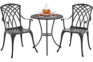 Yaheetech Patio Bistro Set 3-Piece Outdoor Cast Aluminum Table and Chairs Set, All Weather Patio Furniture with Umbrella Hole for Garden/Backyard/Porch/Balcony/Lawn/Pool, Black