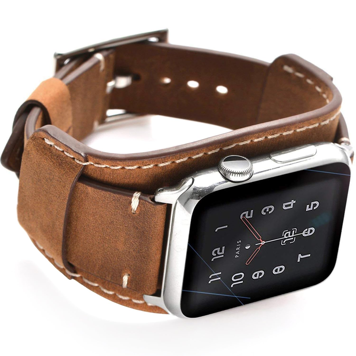 Leotop Compatible with Apple Watch Strap 42mm(Series 10) 41mm 40mm 38mm,Genuine Leather Band Cuff Bracelet with Stainless Steel Buckle Compatible iWatch Series 10/9/8/7/6/5/4/3/2/1 SE SE 2 (Brown)