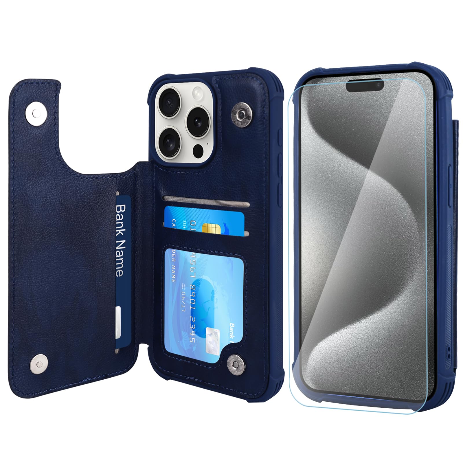 VANAVAGY Wallet Case Compatible for iPhone 15 Pro Max,Leather Flip Folio Shockproof Phone Cover Fit Magnetic Car Mount [Screen Protector Included] with Credit Card Holder, Navy blue