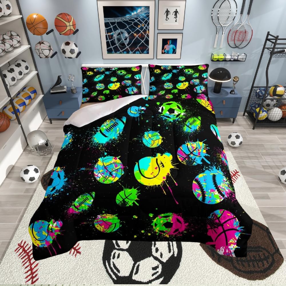 Loussiesd Sports Tie Dye 3D Ball Black Bedding Set Basketball Baseball Football Duvet Set for Boys Girls Down Comforter Single Size