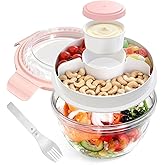 WHALEHOUSE Clear Eco-friendly SK chemicals ECOZEN Salad Container, 33OZ Portable Plastic Salad Bowls with Lid & Snack Tray, Leak-Proof Dressing Container, Reusable Fork, Lunch Box for Meal Prep (Pink)