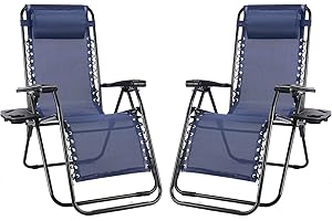 NEWBULIG Zero Gravity Chair Set of 2, Lounge Chair Folding Portable Adjustable Camping Reclining Chairs with Adjustable Pollow, Mesh Back, Cup Holder Trays Lawn Patio Chair for Pool Beach - Blue