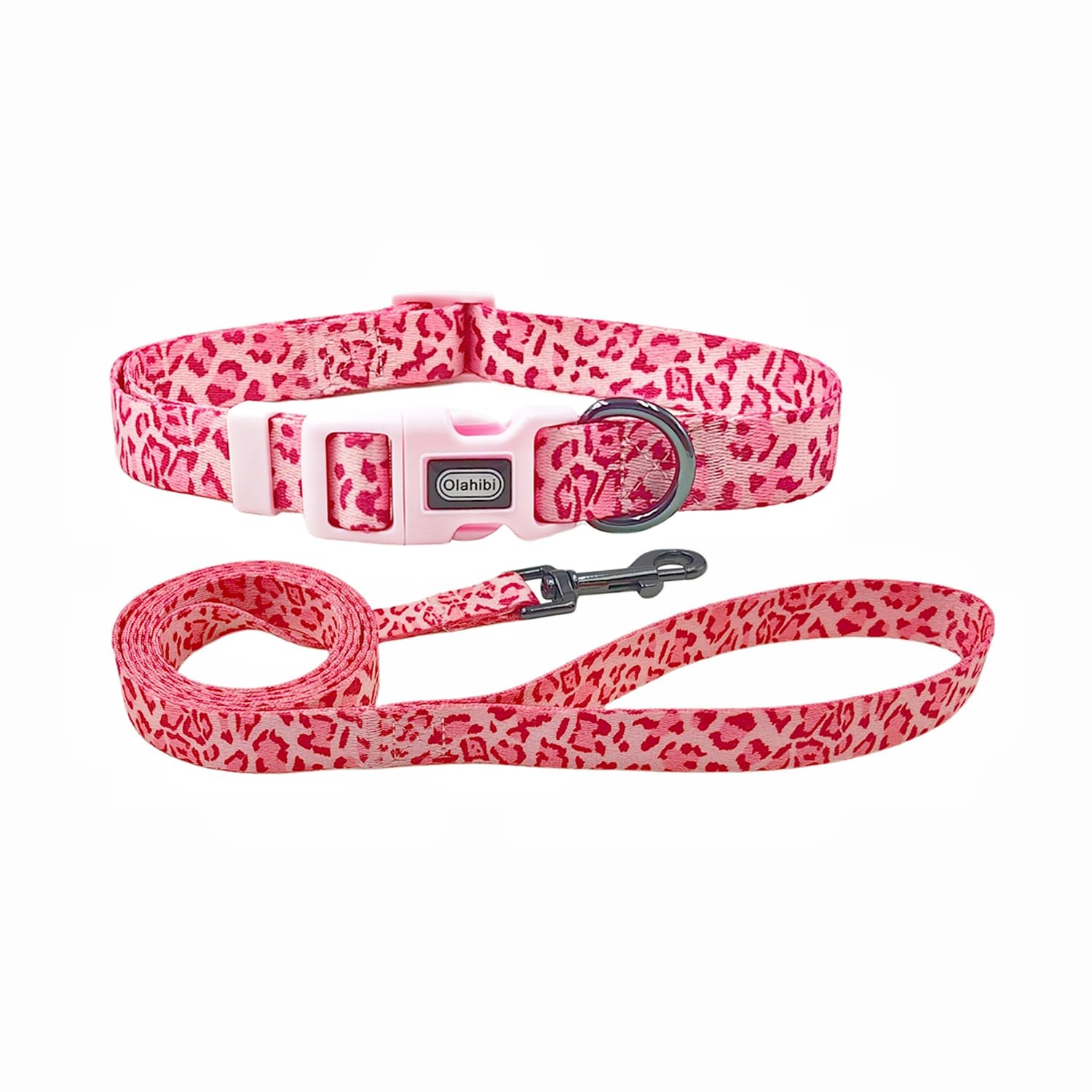 Olahibi Dog Collar and Leash Combo Set, Leopard Pattern, Polyester Material, 150CM Matching Leash, for Small Puppy Dogs.(XS, Pink Leopard)