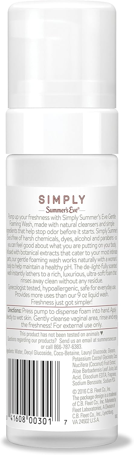 Summer's Eve Simply Gentle Foaming Wash - Helps Maintain a naturally healthy pH - Free From Harsh Chemicals, Dyes, Alcohol, and Parabens - Gynecologist Tested - Coconut Water - 5 Ounce (850105): Health & Personal Care