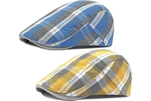 QIANUER 2 Pack Men's Newsboy Flat Cap Adjustable Plaid Ivy Gatsby Cabbie Driving Golf Hat Beret