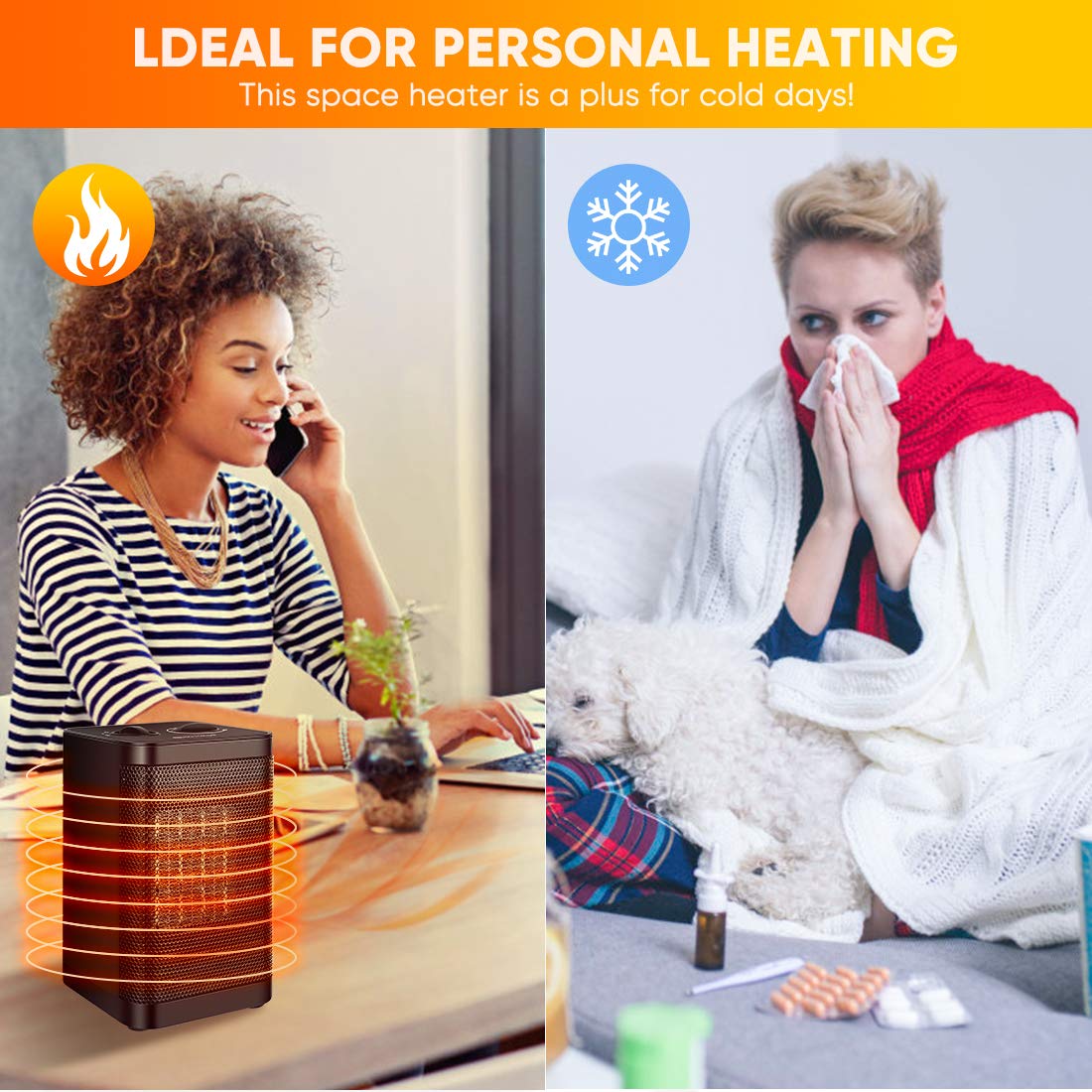 Space Heater Indoor Electric Heater - Portable Ceramic Personal Quiet Small Heater For Office, Home, Bedroom, Kids Room with Thermostat Tip-over & Overheat Auto-Off