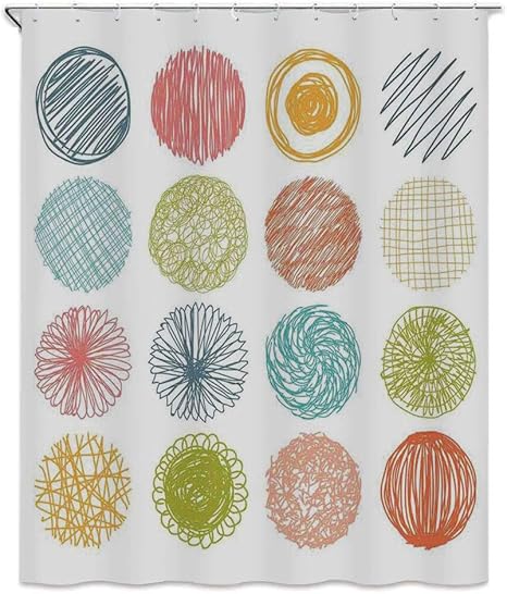 Amazon 抽象的な家の装飾 シャワーカーテン 180 X 180cm 落書きスタイル落書きサークルストライプ幼稚なうれしそうなイラスト お風呂 シャワーカーテン 浴室カーテン 防水 防カビ おしゃれ オレンジ色のサンゴのコレクション シャワーカーテン ホーム キッチン