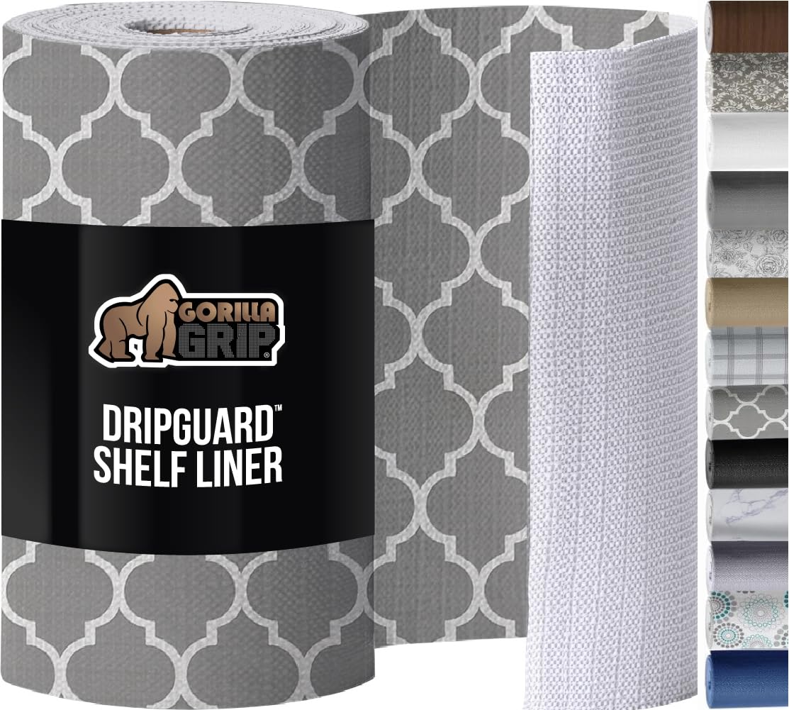 GORILLA GRIP Slip Resistant Drawer and Shelf Liner 2 Pack, Non Adhesive Water Resistant, Easy Clean and Trim, Smooth Surface Liners for Kitchen Cabinet Shelves Drawers Pantry 20 IN x 20 FT, White Gray Image