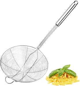 YIMI Spider Mesh Strainer Skimmer Ladle, Stainless Steel Solid Skimmer Basket with Long Handle Double Hook,Kitchen Colander Spoon for Frying Cooking Steaming,5.5 Inch