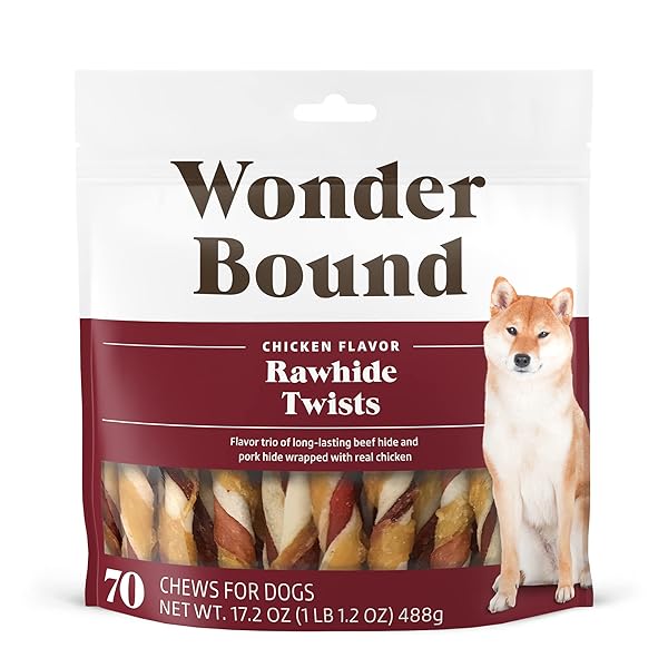AMAZON BRAND – WONDER BOUND CHICKEN FLAVOR DOG RAWHIDE TWIST STICKS, 70 COUNT, 1.08 POUND (PACK OF 1)