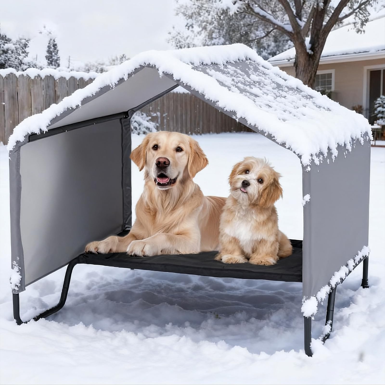 View 1 of 41” Outdoor Dog House for Large Breeds, Durable Large Dog Shelter with Weatherproof 1200D PVC Canopy, Outside Sun Rain Canopy Pet Houses with Elevated Dog Bed for Dogs, Small Animals, Grey