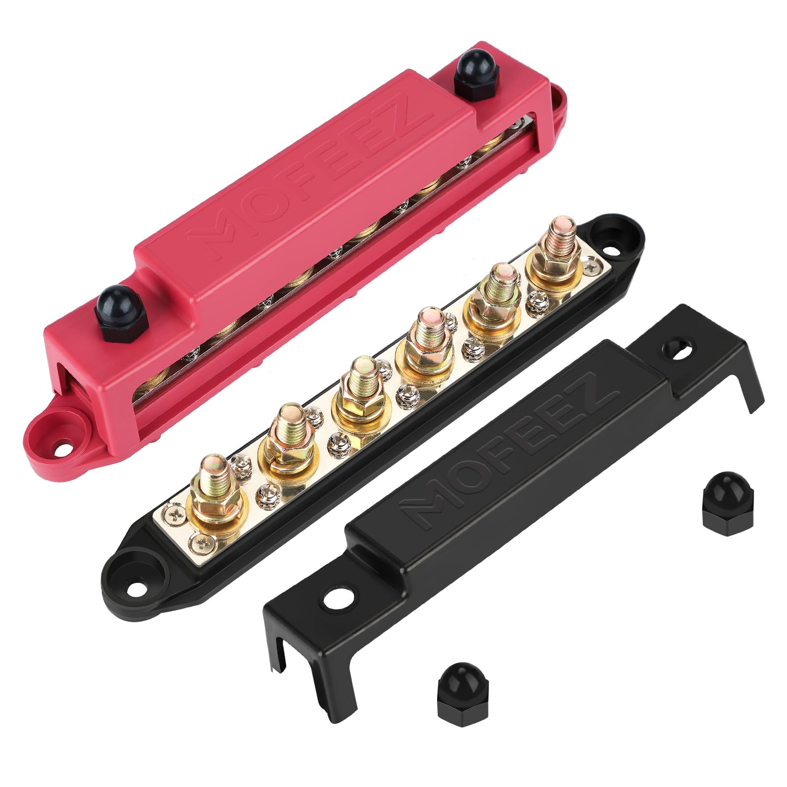 Photo 1 of MOFEEZ Power Distribution Block Bus Bar, 6 x 3/8" Posts, 10 x #8 Screws Terminals, Max 48V 250A (Pair, Red & Black)