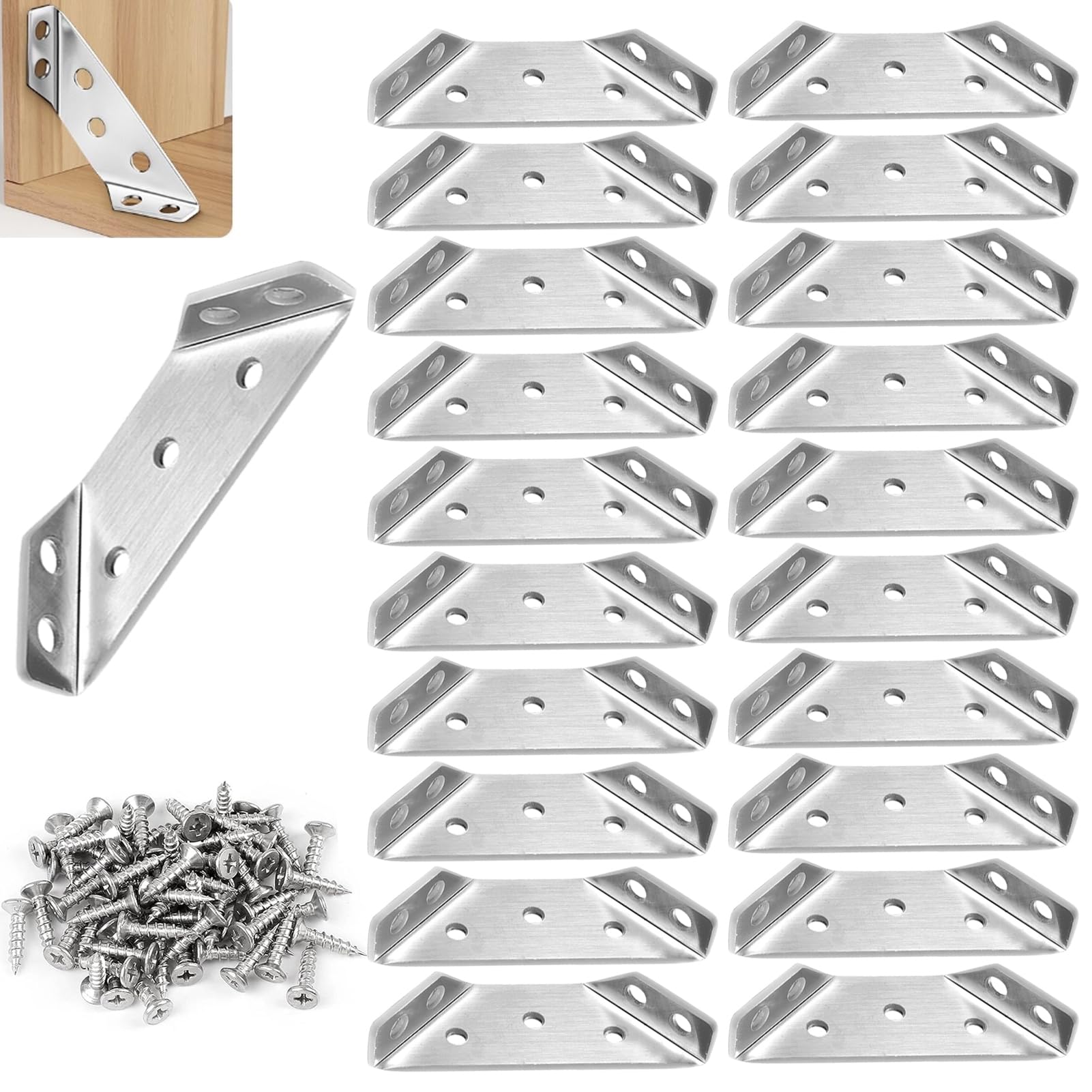 Corner connectors for Wood，Universal Stainless Steel Furniture Corner Connector，Corner Bracket，Corner Brace for Cabinet, Closet, Furniture (20)