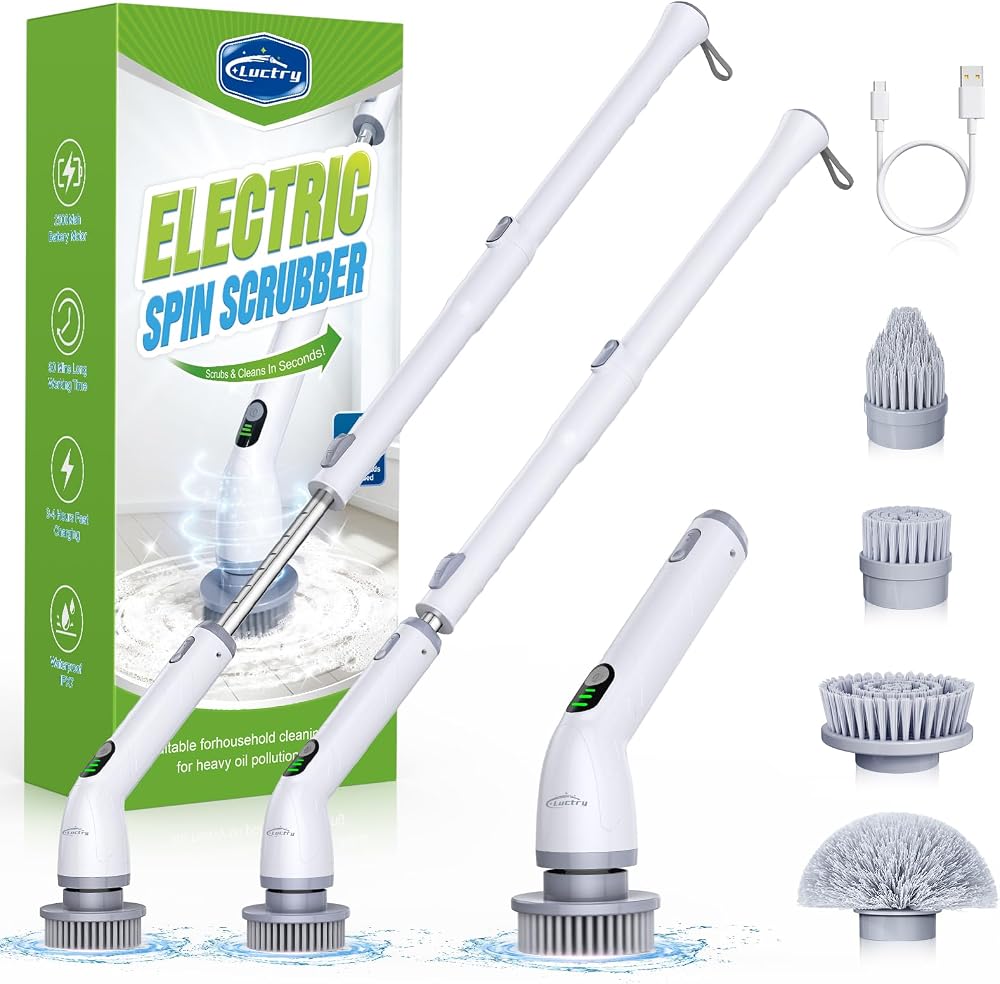 Luctry Electric Spin Scrubber Cordless Adjustable Extension Arm 4 Brush Heads