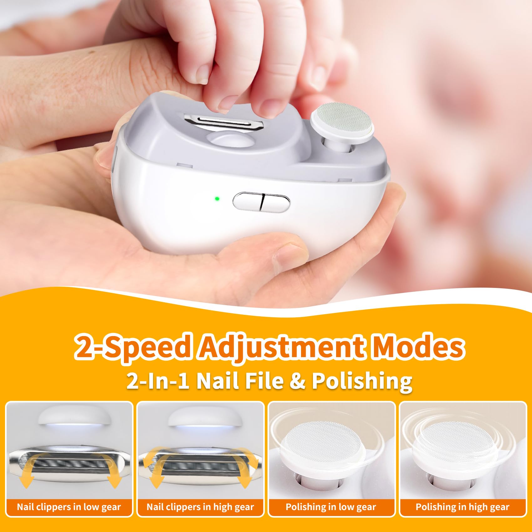 Electric Nail Clipper & Trimmer - 2 in 1 Design with Light & 2 Speeds, USB Rechargeable Safety Electric Nail File for Babies, Kids, Adults & Seniors