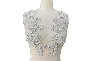 Zbroh Handmade red/White//Green/Blue Rhinestones Applique Sewing Beads Stones Trim lace Patches Accessory for Dress Clothes one Pair (White)