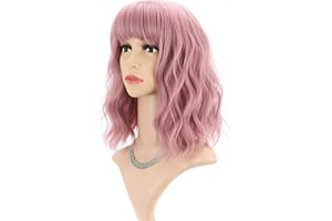 FAELBATY Short Pink Wigs With Bangs Shoulder Length Colorful Wig For Women Curly Wavy Synthetic Cosplay Wig Pastel Wig for Gi