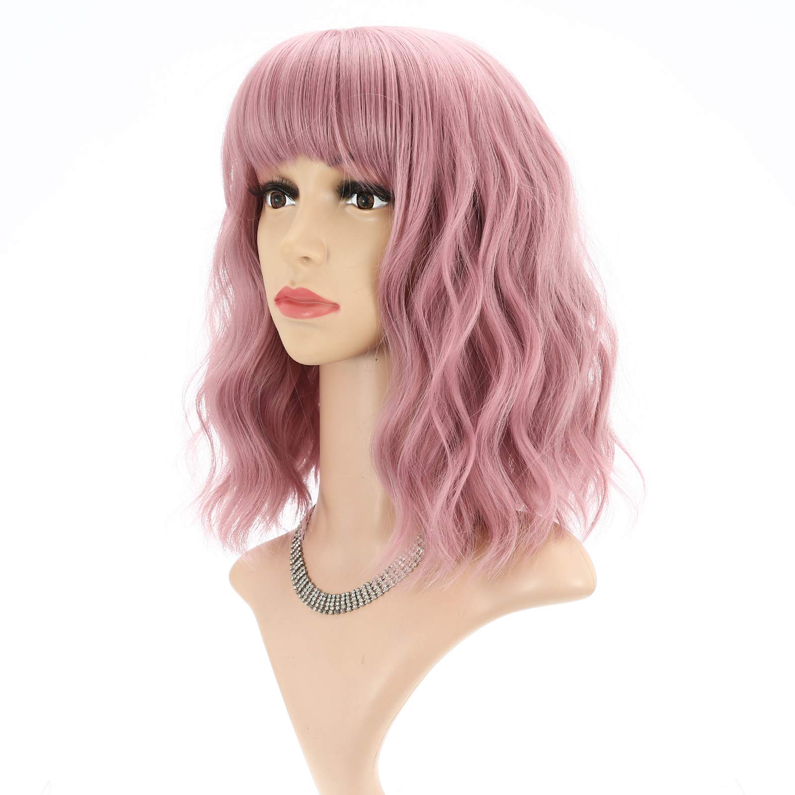 FAELBATY Short Wave Pink Bob Wigs with Bangs Shoulder Length Women's Short Wig Curly Wavy Synthetic Cosplay Wig for Girl Costume Wigs pink Color