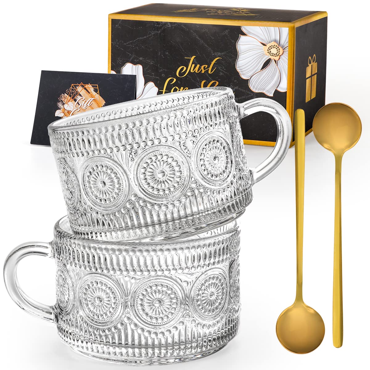 Gutsdoor Vintage Glass Coffee Mugs Set of 2, 14 Oz Clear Embossed Tea Cups Stackable Glass Coffee Cup with Spoons for Cappuccino, Latte, Cereal (Sunflower*2)