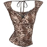 WDIRARA Women's Leopard T Shirts Ruched Lace Trim V Neck Tee Cap Sleeve Tie Backless Fitted Tops