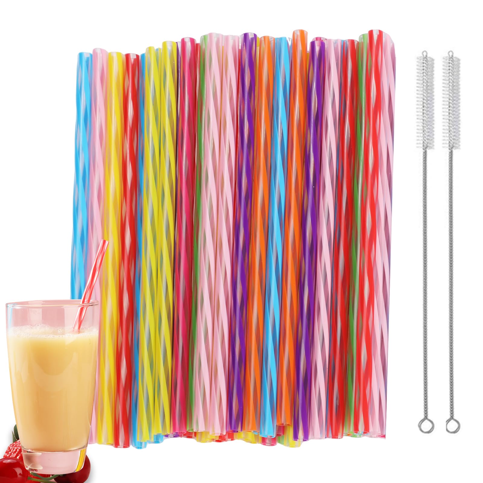 72Pcs Reusable Hard Plastic Drinking Straw, Drinking Straw Biodegradable Recyclable, Thick Plastic Drinking Straws with 2 Cleaning Brush, Eco-Friendly Rainbow Plastic Straws for Parties (8 Colors)