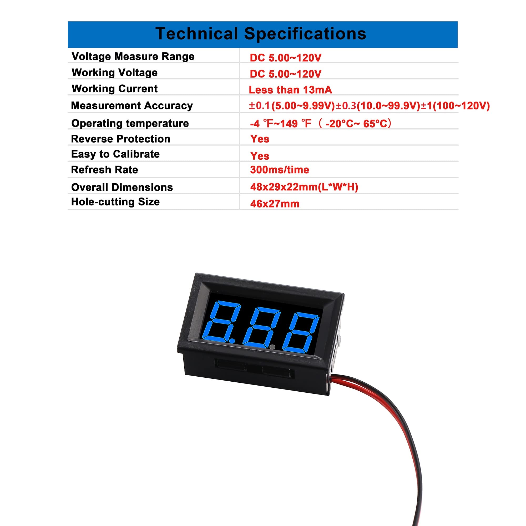 CrocSee 2Pack DC 5-120V Mini Voltmeter Blue LED Digital Display Panel Voltage Meter, 2-Wire, 0.56 Inch, for Motorcycle Battery Monitor