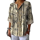 Womens Trendy Tops Art Floral Printed 3/4 Long Sleeve Collared Blouses Loose Comfy Casual Outfits Summer Shirts