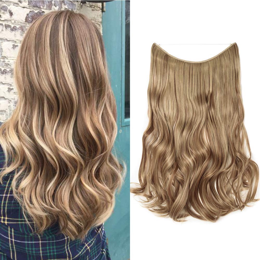 Silk-co 20" Wire in Hair Extensions One Piece Hairpiece Sythetic Hidden Elastic Long Curly Wavy Half Head Light Brown&Blond — image 1