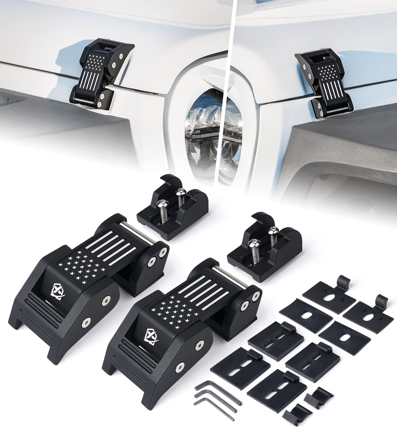 Photo 1 of Xprite Aluminum Hood Latches with U.S. Flag, Adjustable Hood Latch Catches Kit Compatible with Jeep Wrangler JK JKU 2007-2018 & Jeep Wrangler JL JLU 2018-2026 Gladiator JT