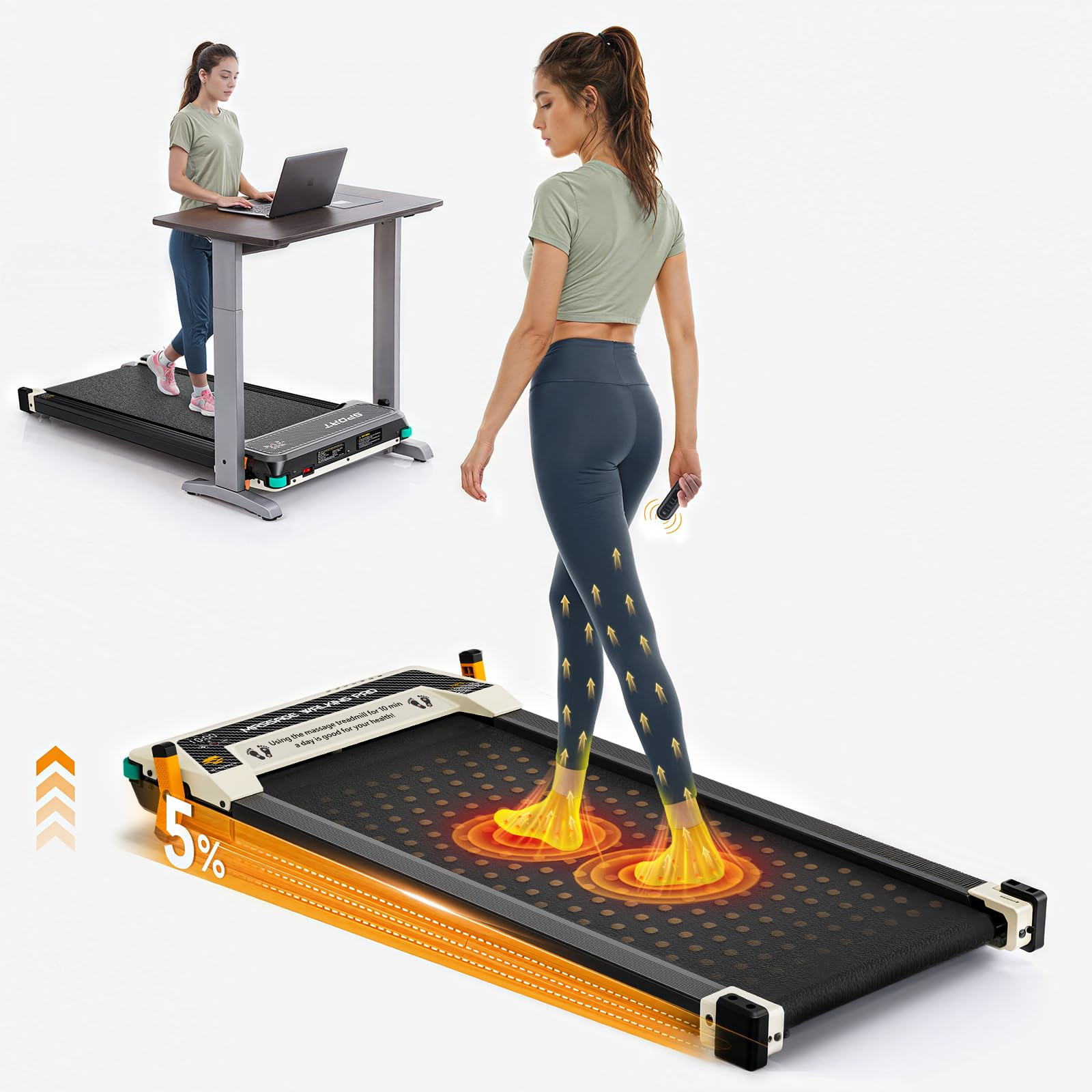 FUNRAY Versatile Walking Pad with Incline - Dual-Sided Under Desk Treadmill with Foot Massage,Portable Compact Treadmills with 330LBS Weight Capacity Image
