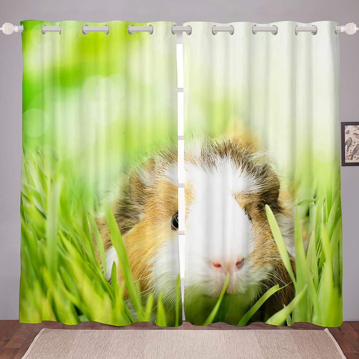 Cute Guinea Pig Curtains Lovely Pet Cavy Curtains for Bedroom Living Room for Kids Boys Girls Rodent Breeds Animal Print Windows Drapes Green Garden Nature Room Decoration,W46*L54