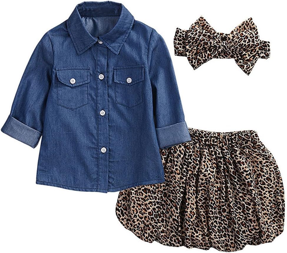 Amazemarket Fashionable Baby Girl 0-6 Years Outfit 3 Pcs Set Long Sleeve Denim Jacket Tops T-Shirt+Leopard Skirts +Bowknot Headband Photograph Daily Clothes (120 cm 5-6 Years)