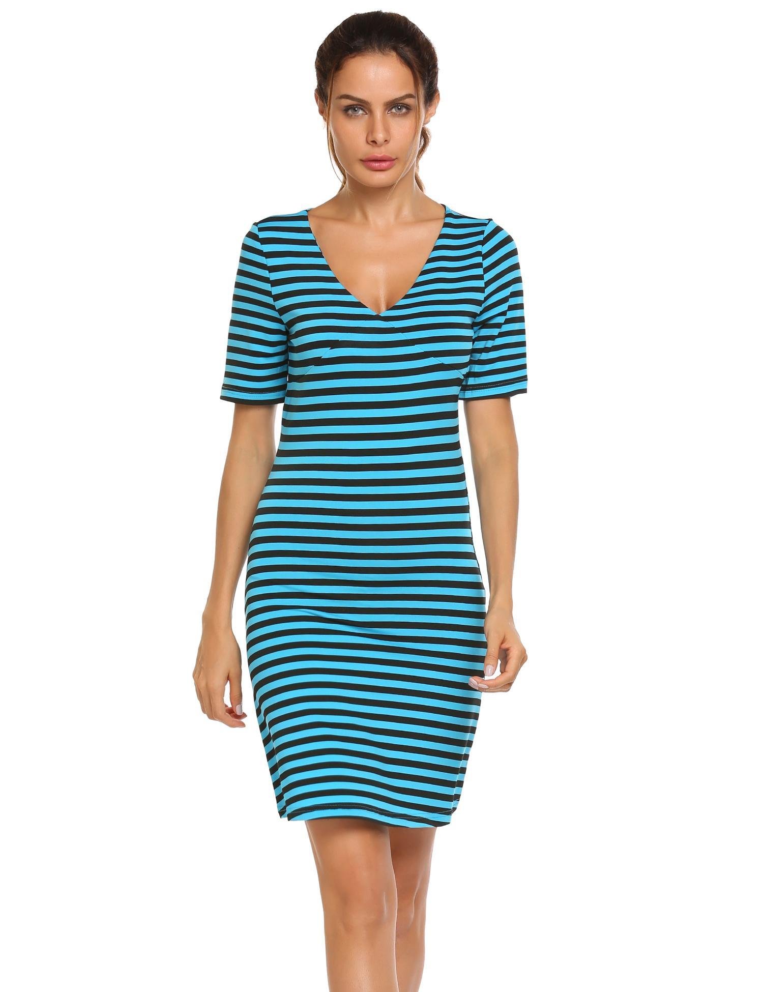 ACEVOG Damen Sommer kleid Casual V-Ausschnitt Kurzarm Streifen Shirt Jerseykleid Minikleid