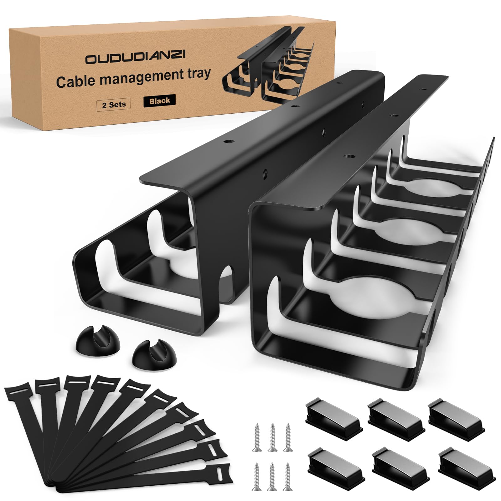 2-Pack Under Desk Cable Management, Stainless Steel Cable Organizer Tray- 43CM, Includes Accessories, Keeping Cable Desk Tidy for Office and Home (Black)